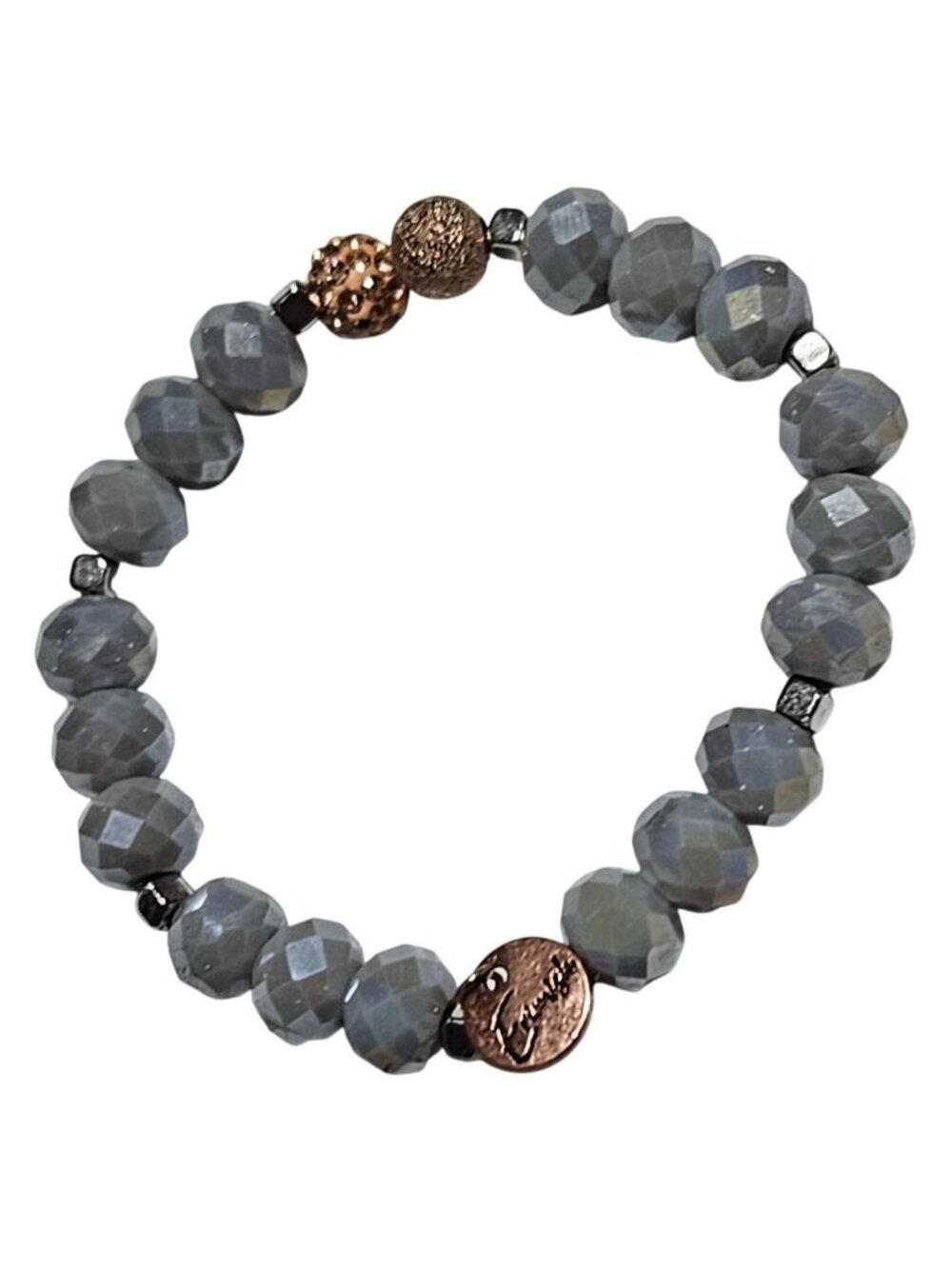 Artisan Faceted Gray Beaded Bracelet Rose Gold Accents Stretch Fashion Jewelry